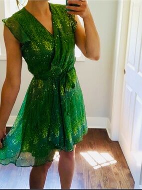 Sophia Eugene for Anthropologie Green Silk Chiffon Wrap Dress - sz 4 dry cleaned